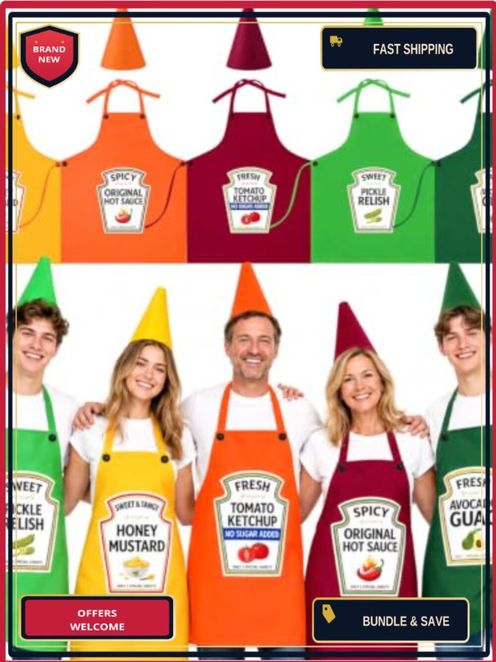 5-Person Condiment Aprons & Pointed Hats Group Cosplay Costume Set